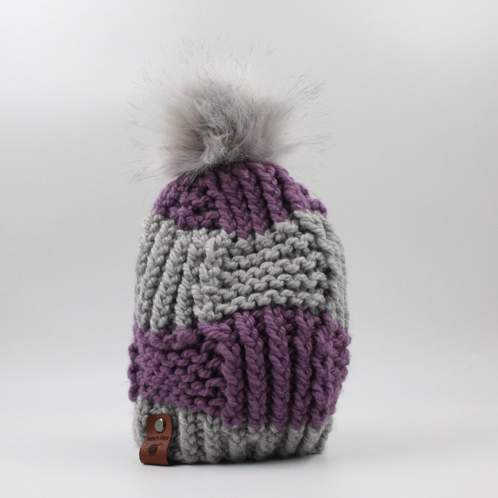Handmade Hand Knit Purple Box Stitch Knit Hat Removable Pompom for Kids 6/10 y